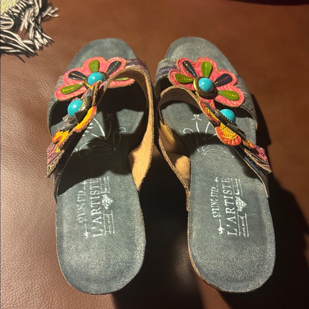 NWOB Spring Step L'Artiste Floral Embellished Sandals Leather & Cork 42(10.5-11) - Picture 2 of 11